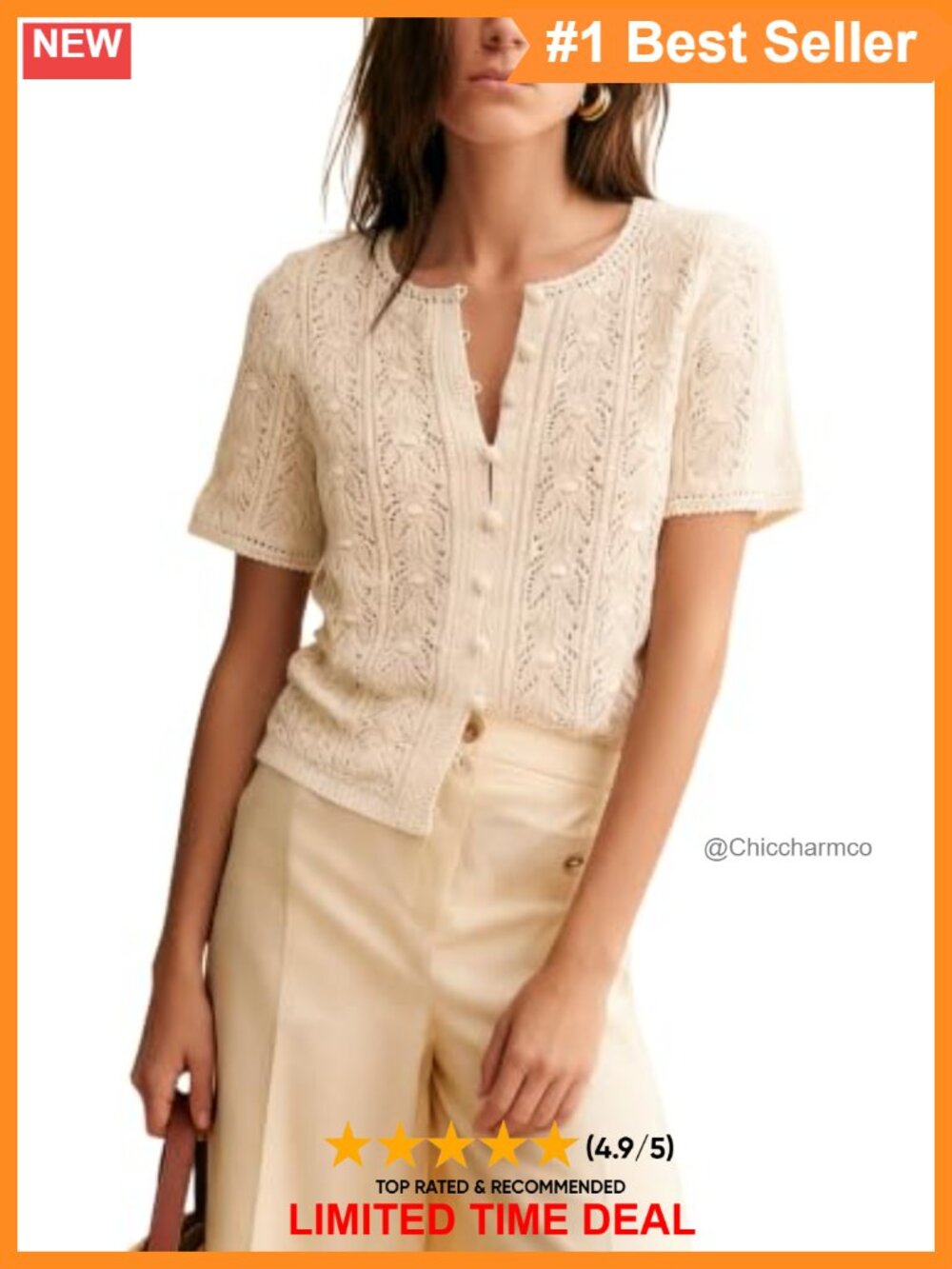100% Cotton Crochet Knit Cardigan Short Sleeve Button Down Summer Top